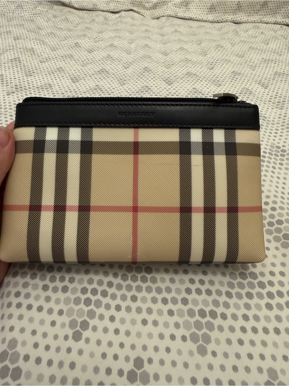 Vintage Burberry Beige Check Canvas Zip Pouch with Black Trim